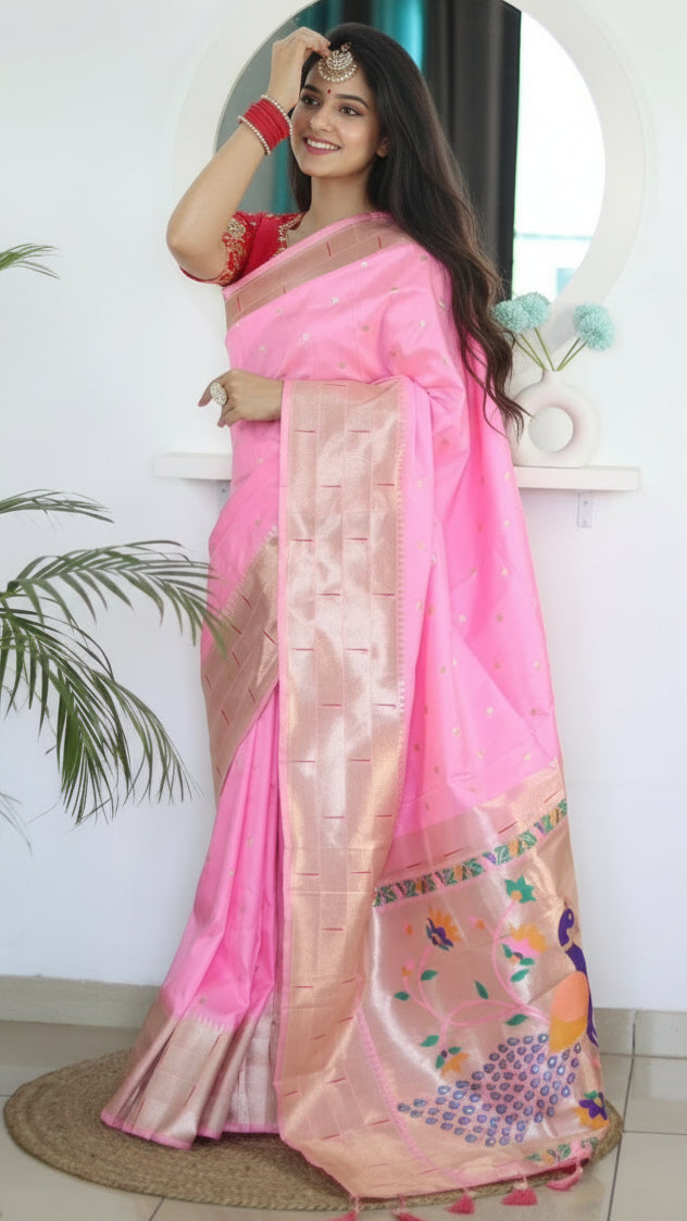 Baby Pink Triple Muniya Peacock Paithani Soft Silk Sarees