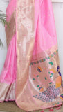 Baby Pink Triple Muniya Peacock Paithani Soft Silk Sarees