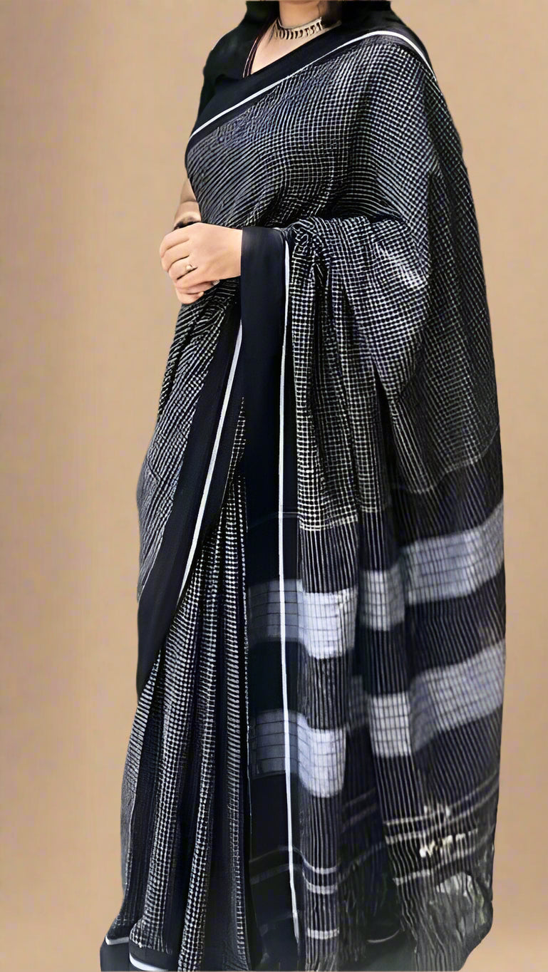 Black Checkered Narayanpet Handloom Cotton Saree