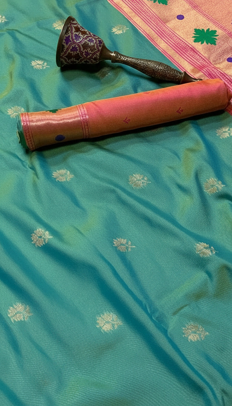 Teal Green and Pink Single Muniya Floral Paithani Soft Silk Sarees