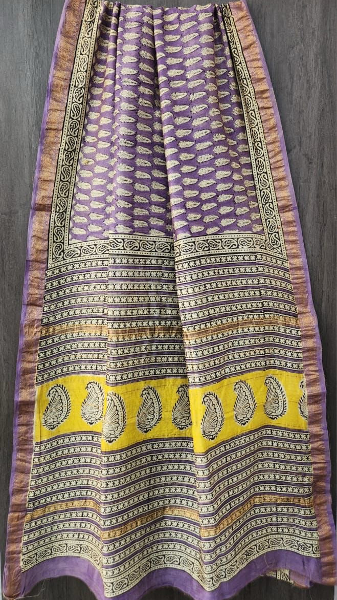 Lavender Violet & Yellow Handblock Maheshwari Silk Cotton Saree