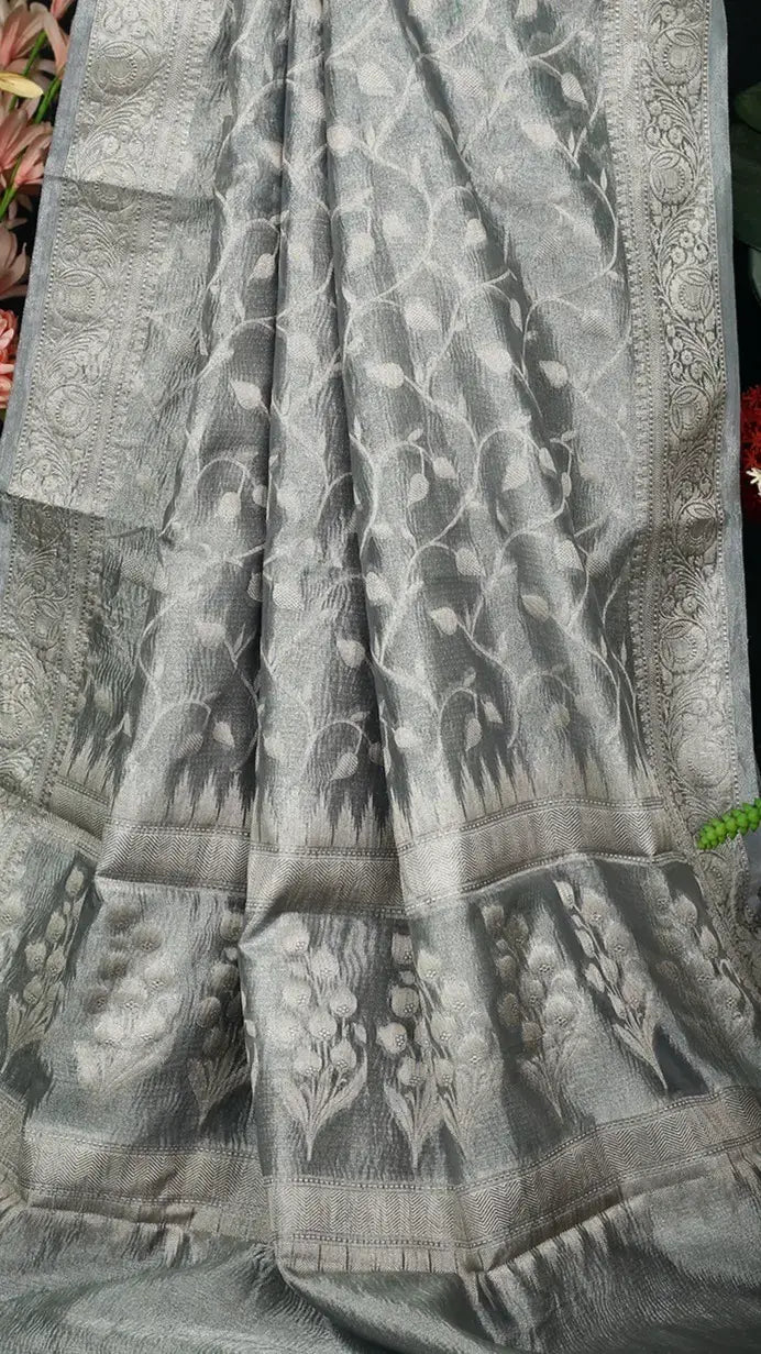 Grey and Silver Premium Tissue Silk Saree
