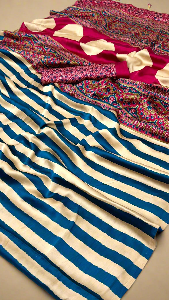 Gold and Peacock Blue Striped Ajrakh Satin Gajji Silk Saree