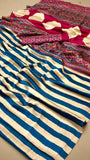Gold and Peacock Blue Striped Ajrakh Satin Gajji Silk Saree