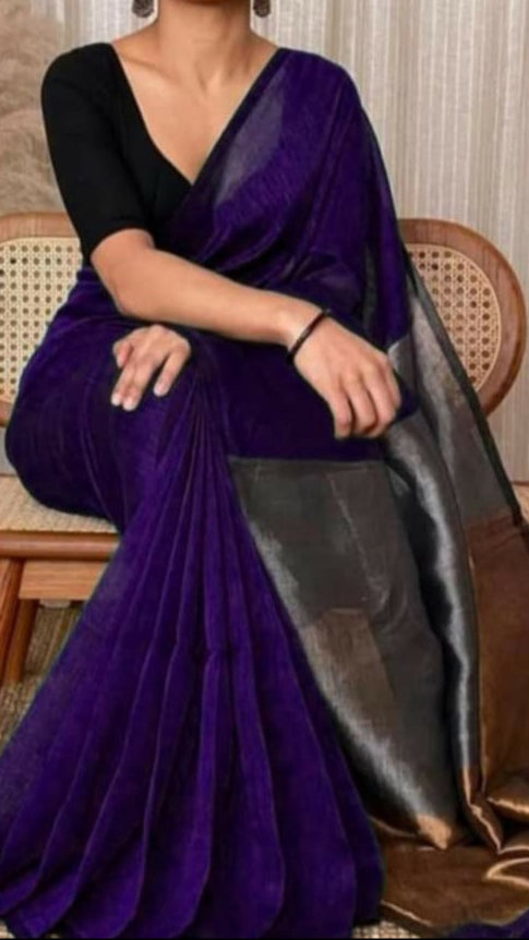 Indigo with Sliver and Copper Pallu Tissue Khadi Cotton Saree