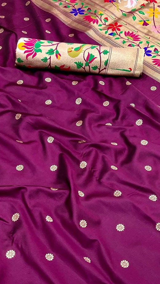 Burgundy Single Muniya Lotus Paithani Soft Silk Sarees