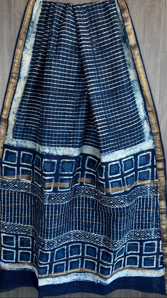 Navy Blue Geometric Handblock Maheshwari Silk Cotton Saree