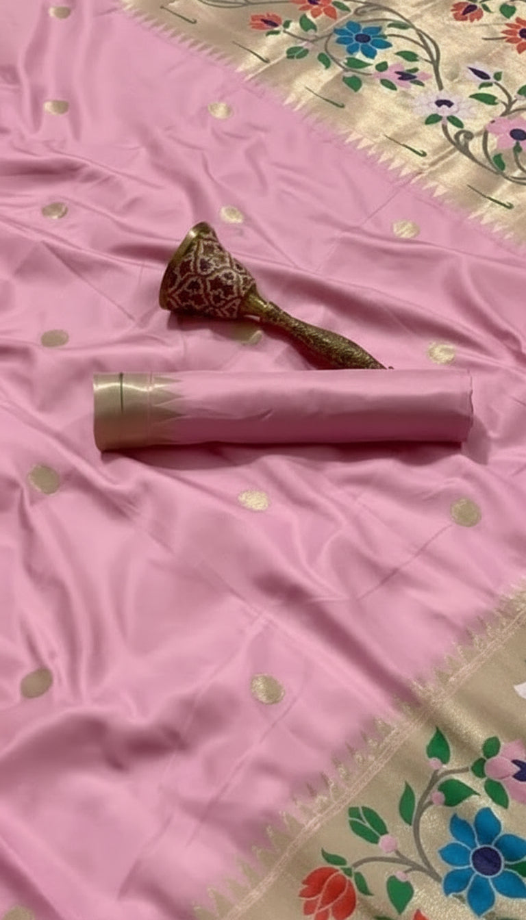 Pink and Gold Floral Paithani Soft Silk Sarees
