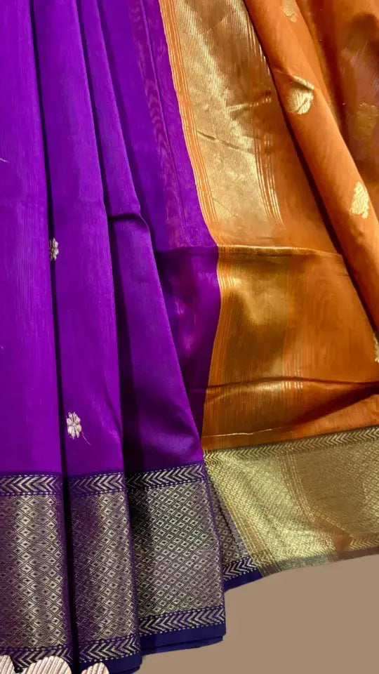 Purple & Orange Lotus Butta Handloom Pure Maheshwari Silk Saree