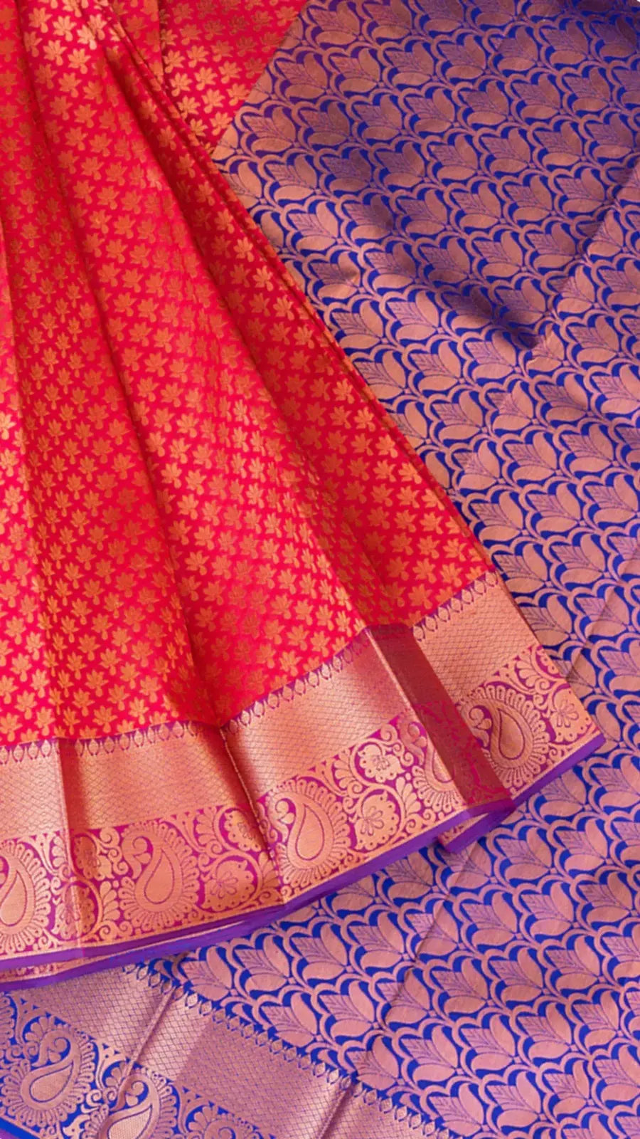 Rani Pink, Purple and Blue Bridal Silk Gold Zari Woven Floral Butti and Mango Design Kanchipuram Saree