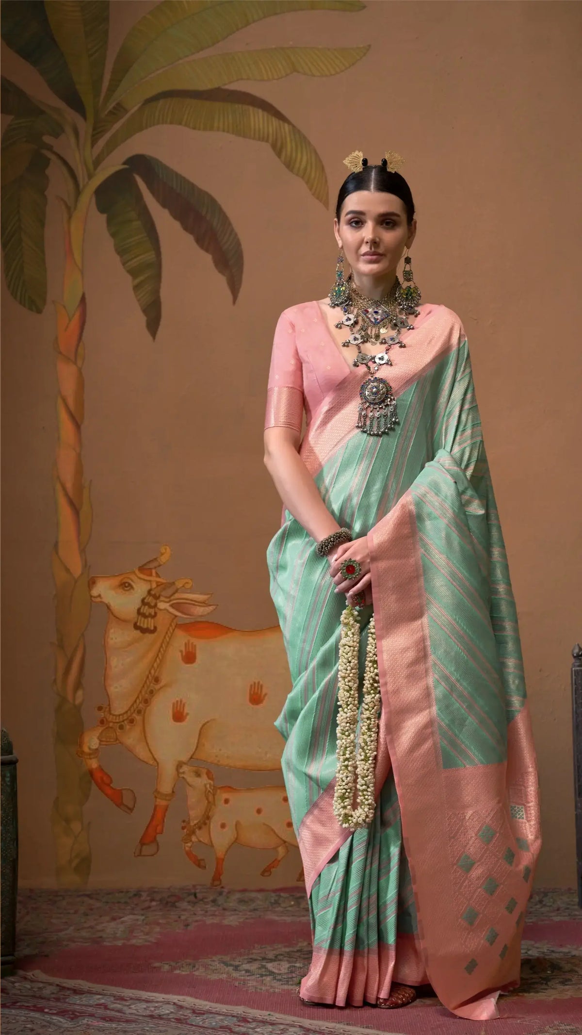 Teal Green and Pink Handloom Weaving Banarasi Silk Saree