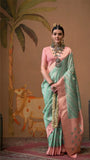 Teal Green and Pink Handloom Weaving Banarasi Silk Saree