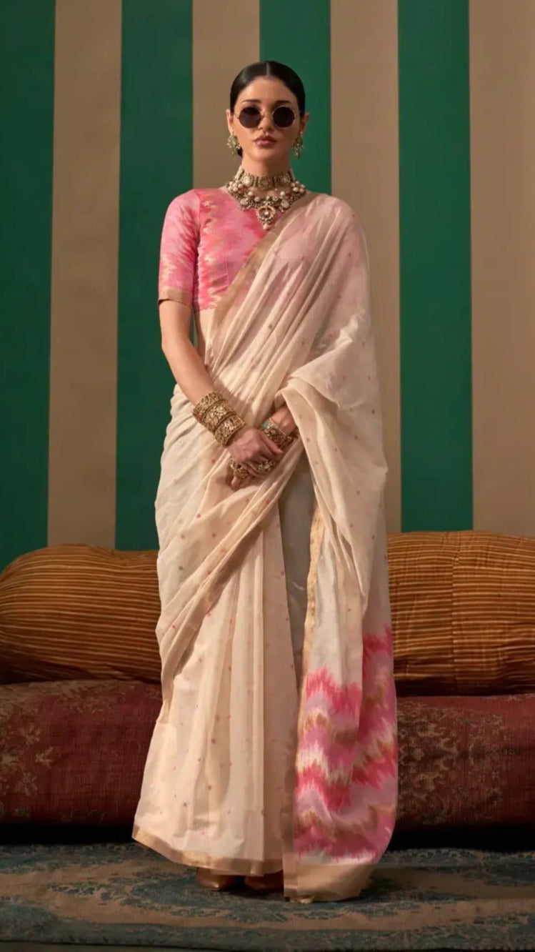 Off White and Pink Handloom Weaving Silk Cotton Saree