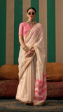 Off White and Pink Handloom Weaving Silk Cotton Saree