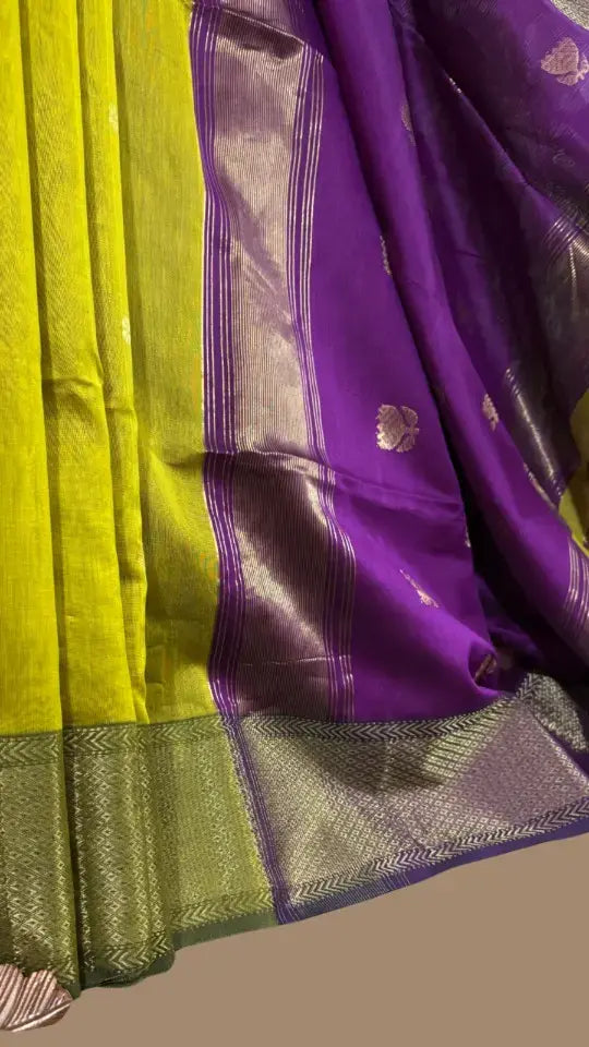 Purple and Olive Green Lotus Butta Handloom Pure Maheshwari Silk Saree ERA07